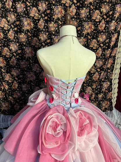Prinzessin blaues Tube-Top 3D-Blumen Tüll flauschiges Hochzeitskleid P3043