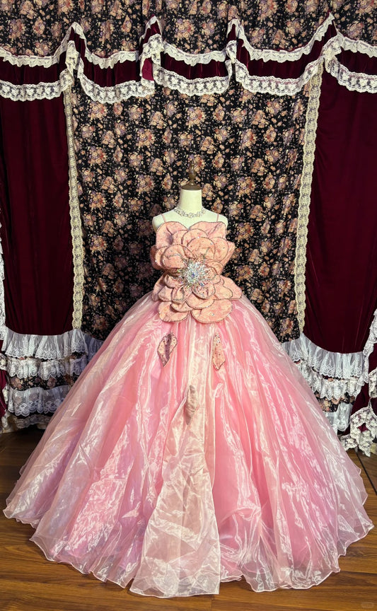 Pink Heavy Flower Beaded Rhinestone A-Line Wedding Dress P3046