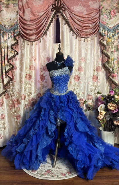 Gorgeous royal blue tube top beaded wedding dress with front slit and