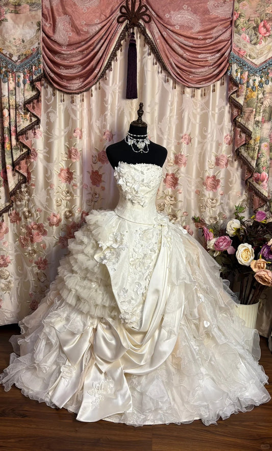 Princess Heavy White Tube Top Three-Dimensional Flower Irregular Skirt Wedding Dress P3050