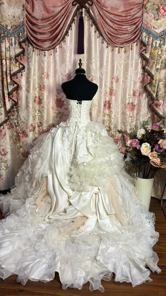 Princess Heavy White Tube Top Three-Dimensional Flower Irregular Skirt Wedding Dress P3050