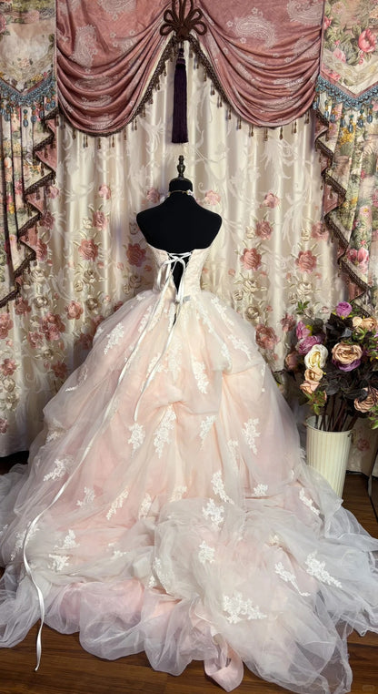 strapless open back dress Luxury Pink Dubai Girl Dress Beaded Feathers Arabic Princess J138 –  DreamyVow main image 0