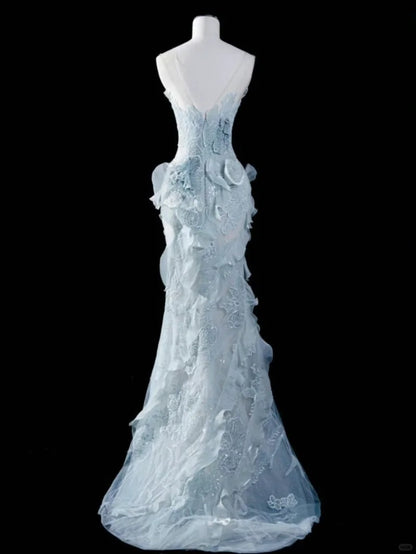 Elegant and dreamy light blue tube top lace flower mermaid wedding dre PreppyDress Elegant and dreamy light blue tube top lace flower mermaid wedding dre PreppyDress