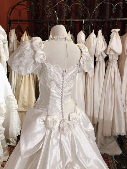 Vintage Elegant White Satin Beaded Rose Puff Sleeve Floor-Length Weddi –  PreppyDress