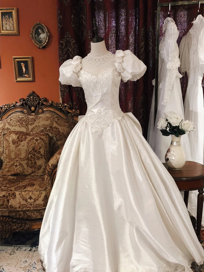 Vintage Elegant White Satin Beaded Rose Puff Sleeve Floor-Length Weddi –  PreppyDress
