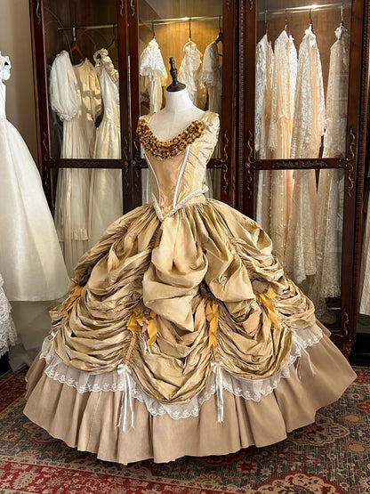 Prinzessin Gold Rose Fischgrätmuster Taille Perlen Plissierter Rock Hochzeitskleid P3060
