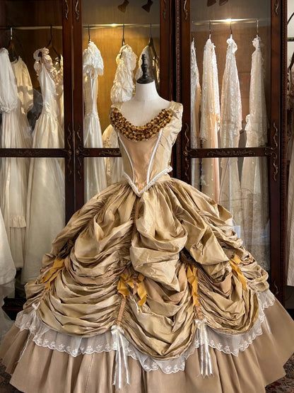 Princess Gold Rose Herringbone Waist Beaded Pleated Skirt Wedding Dres   PreppyDress