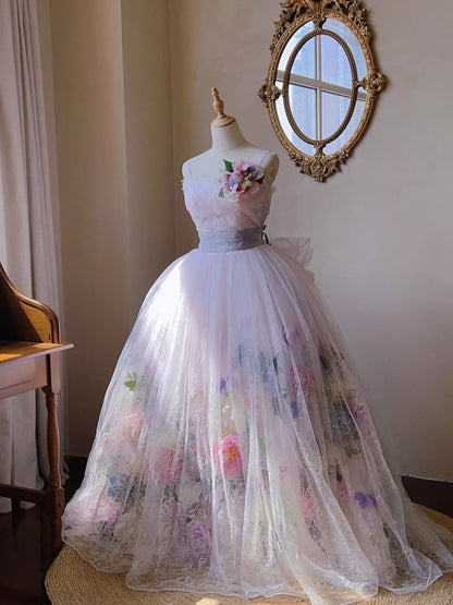 Verträumtes rosafarbenes, schweres Tüll-Brautkleid mit 3D-Blütenspitze und bodenlangem Schnitt P3061