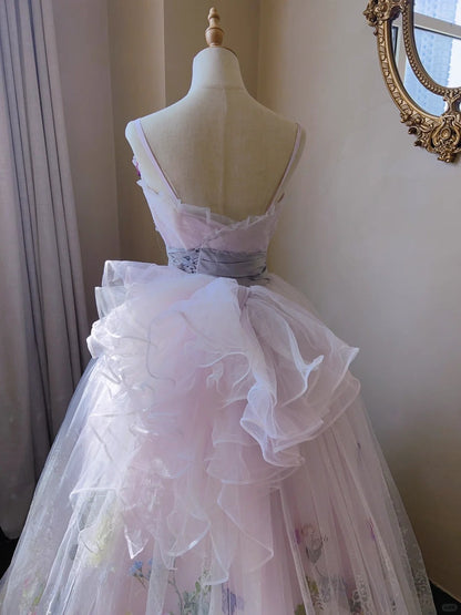 Verträumtes rosafarbenes, schweres Tüll-Brautkleid mit 3D-Blütenspitze und bodenlangem Schnitt P3061