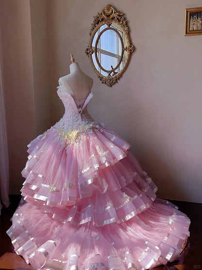 Dreamy Princess Pink Tube Top 3D Flower Beaded Lace Tulle Cake Skirt T   PreppyDress