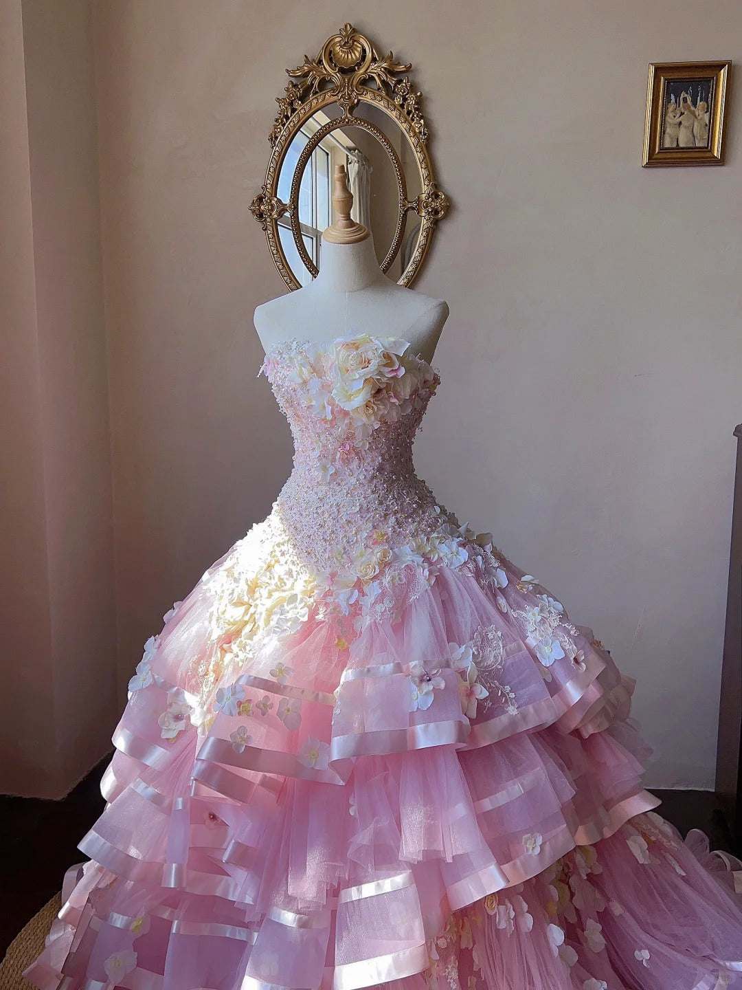 Dreamy Princess Pink Tube Top 3D Flower Beaded Lace Tulle Cake Skirt T – PreppyDress