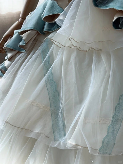 Elegant blue sweetheart neckline white cake skirt tulle floor-length wedding dress P3065