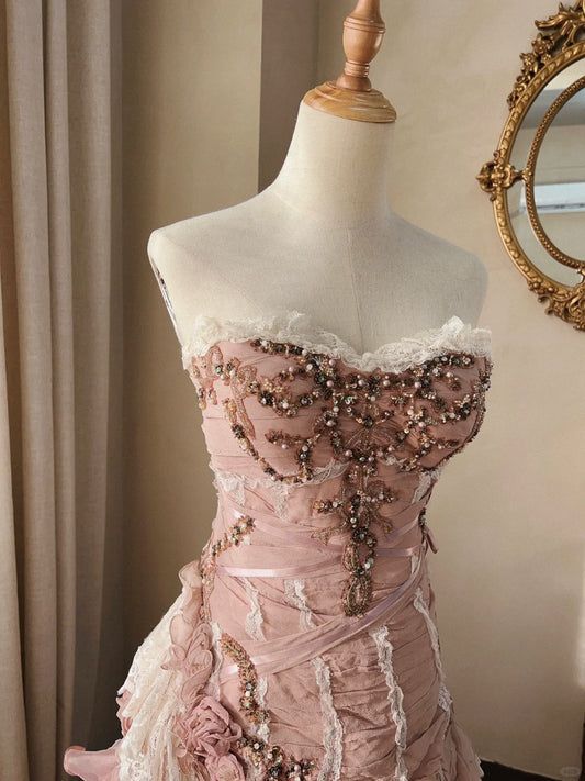 Beautiful Pink Rose Slim Skirt Pleated French Lace Mermaid Wedding Dress P3068