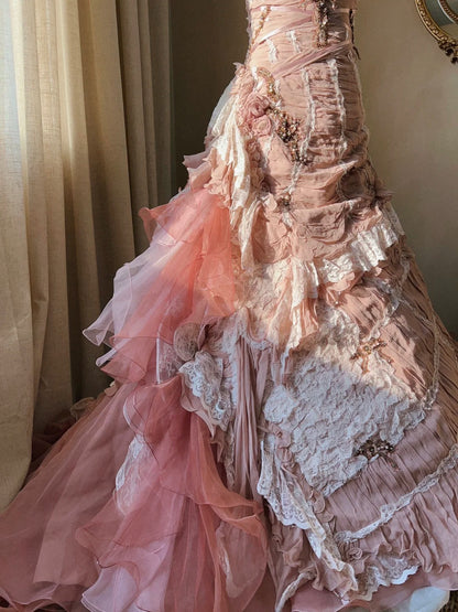 Beautiful Pink Rose Slim Skirt Pleated French Lace Mermaid Wedding Dre – PreppyDress Beautiful Pink Rose Slim Skirt Pleated French Lace Mermaid Wedding Dre – PreppyDress