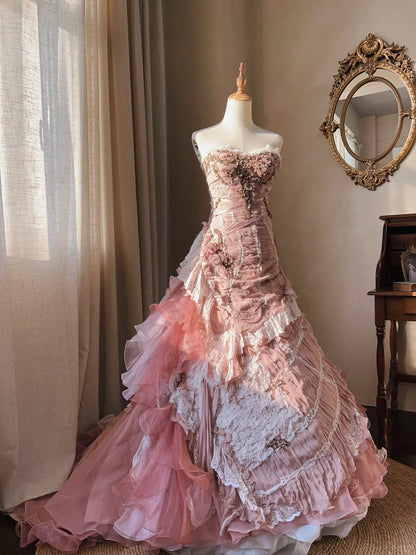 rose mermaid wedding dress Gorgeous Light Pink Floral Lace Illusion Bateau Mermaid Wedding Dress, AlineBridal