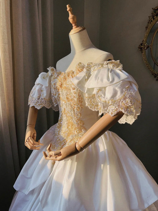 Princess White Satin Drop Shoulder Beaded Petal Skirt Floor-Length Wedding Dress P3069