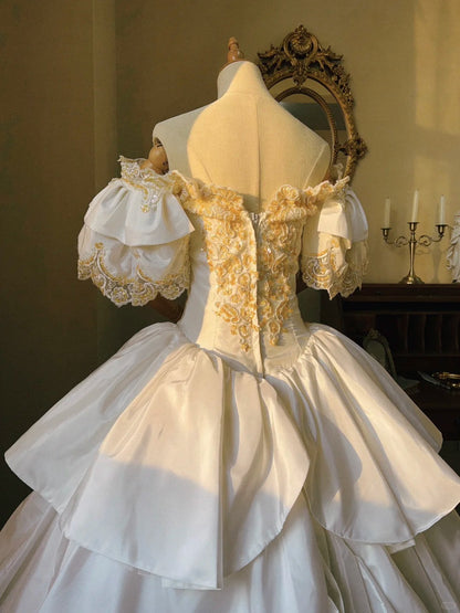 Princess White Satin Drop Shoulder Beaded Petal Skirt Floor-Length Wed   PreppyDress