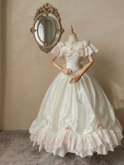 Vintage Elegant White Satin Pink Lace Princess Skirt Wedding Dress P30 PreppyDress Vintage Elegant White Satin Pink Lace Princess Skirt Wedding Dress P30 PreppyDress