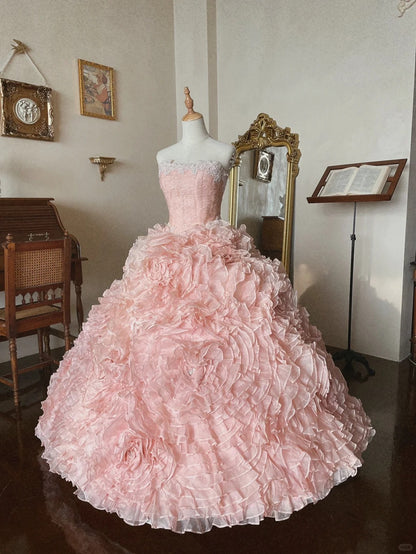 Französisches romantisches Rosen-Tüll-Blumen-Trägerkleid, flauschiges Prinzessinnen-Brautkleid in Bodenlänge P3071