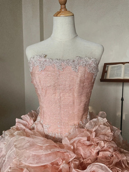 Französisches romantisches Rosen-Tüll-Blumen-Trägerkleid, flauschiges Prinzessinnen-Brautkleid in Bodenlänge P3071