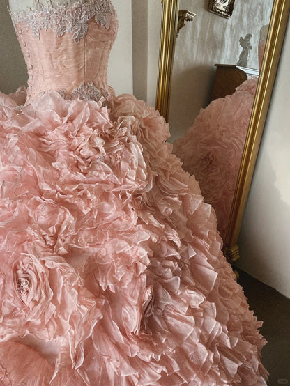 Französisches romantisches Rosen-Tüll-Blumen-Trägerkleid, flauschiges Prinzessinnen-Brautkleid in Bodenlänge P3071