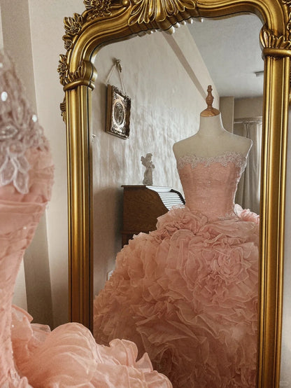 French romantic rose tulle flower tube top fluffy princess floor-lengt –  PreppyDress
