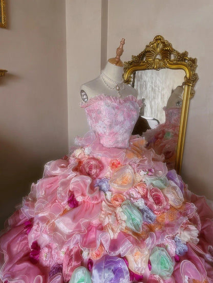 Pink Tulle Strapless Wedding Dress with Flowers and Flowers Fantasy Fl –  PreppyDress