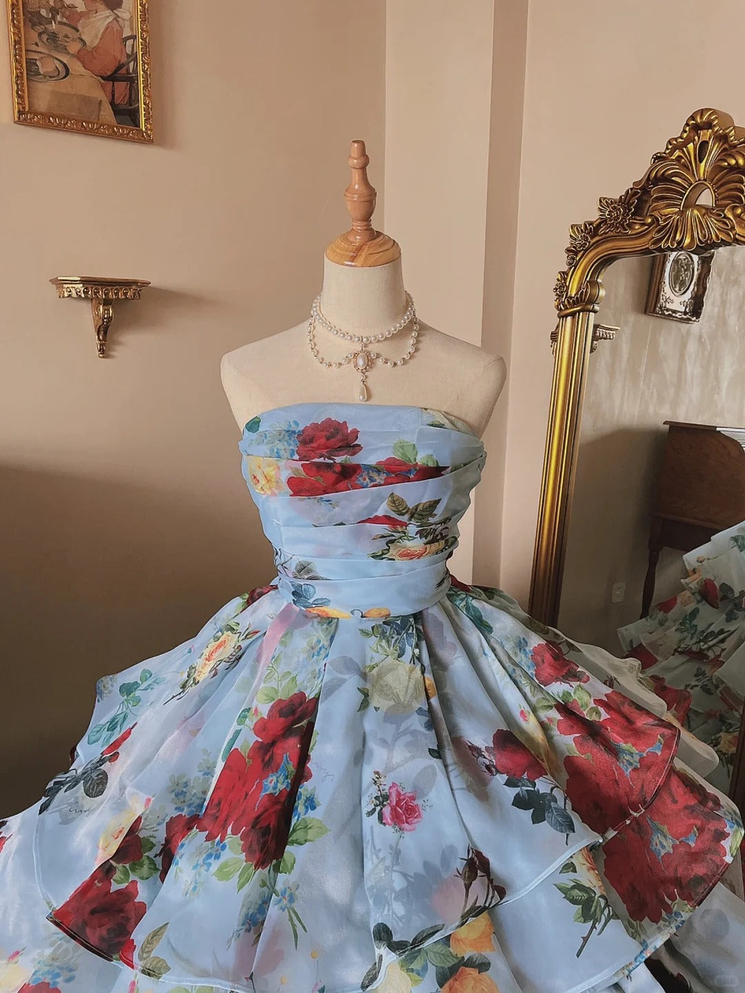 Glacier Blue Rose Print Lightweight Flowing Tulle Strapless Floor-Length Wedding Dress P3075