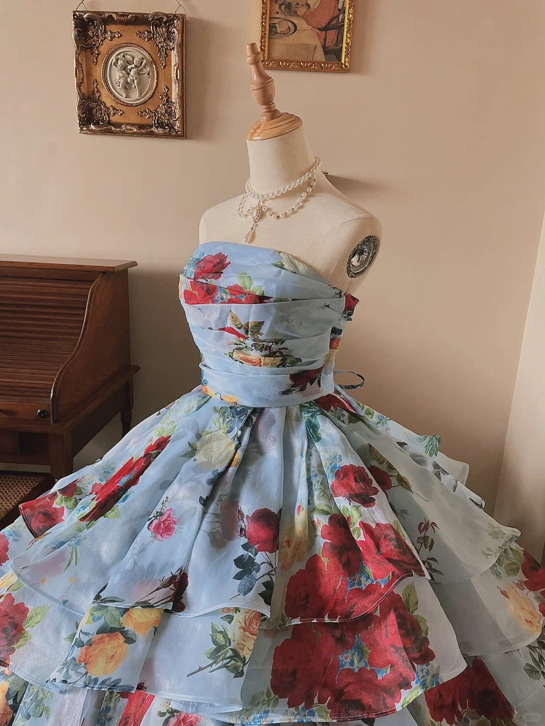 Glacier Blue Rose Print Lightweight Flowing Tulle Strapless Floor-Length Wedding Dress P3075