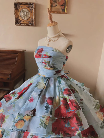 Gletscherblaues Hochzeitskleid P3075 aus leichtem, fließendem, trägerlosem Tüll mit Rosenmuster und bodenlangem Schnitt