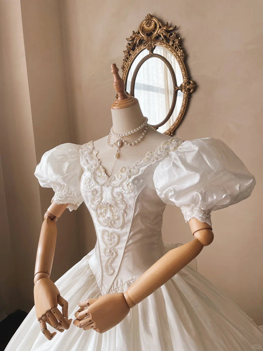 French Retro V-neck Beaded Puff Sleeve Satin Princess Wedding Dress P3076