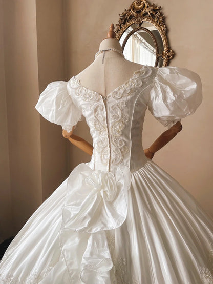 French Retro V-neck Beaded Puff Sleeve Satin Princess Wedding Dress P3 –  PreppyDress