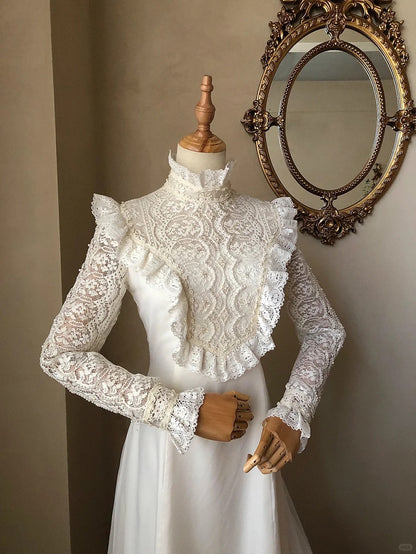 knee length dresses for ladies Retro high collar long sleeve lace patchwork gentle trailing wedding d