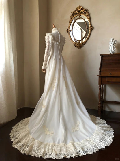 fitted lace wedding dress Latest High Collar Long Sleeve Wedding Dress with Beadings Lace Sweep Train Bridal Gown main image 0