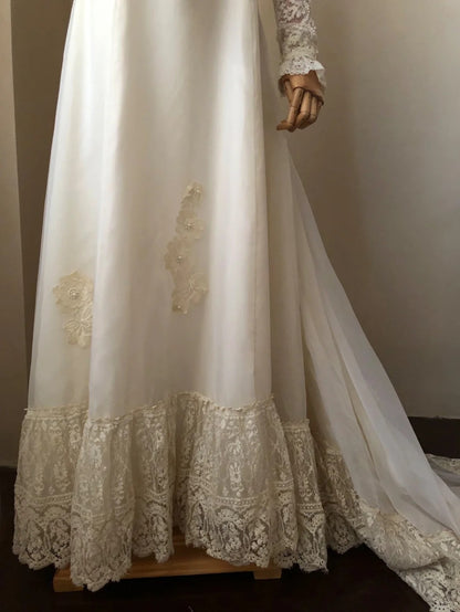 Retro high collar long sleeve lace patchwork gentle trailing wedding d –  PreppyDress