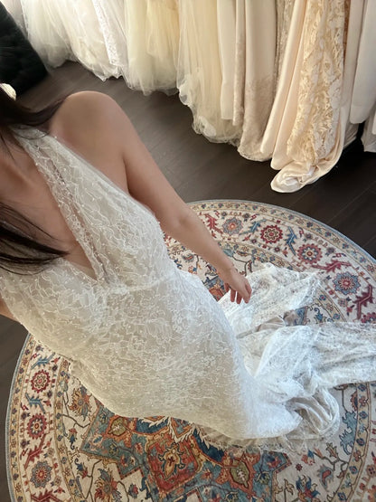Sexy Lace Halter V-Neck Mermaid Train Wedding Dress P3093  PreppyDress