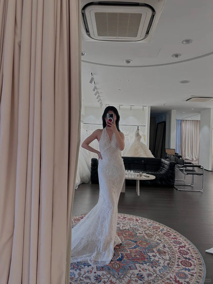 chinese dress ladies Sexy Lace Halter V-Neck Mermaid Train Wedding Dress P3093