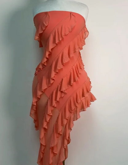 Einzigartiges orangefarbenes Tube-Top mit Rüschen, unregelmäßigem Rock, Homecoming-Kleid P3113
