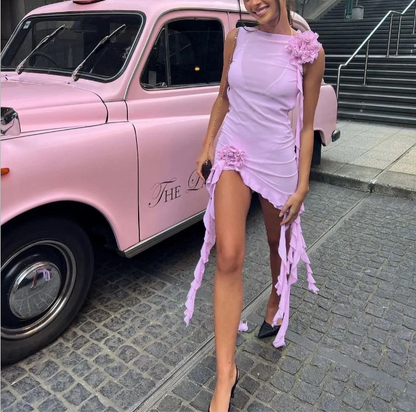 Sexy rückenfreies, durchsichtiges Mesh-Hohl-Abendkleid in Rosa für die Geburtstagsfeier P3114