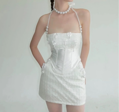 Heavy Industry Bow Pearl Fishbone Halter Neck White Birthday Party Homecoming Dress P3122