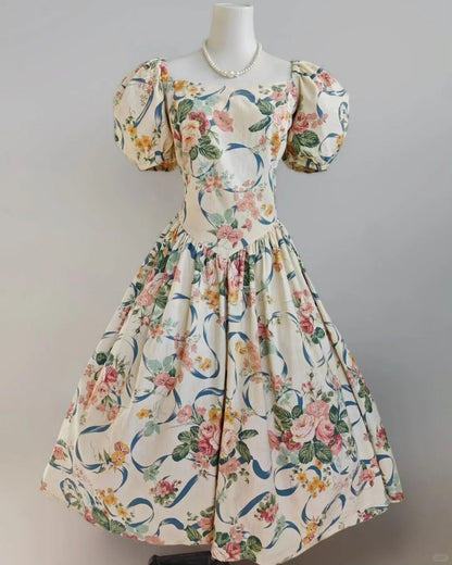 Vintage Mid-Century Blumenhenkel Puffärmel Teelänge Heimkehrkleid P3138
