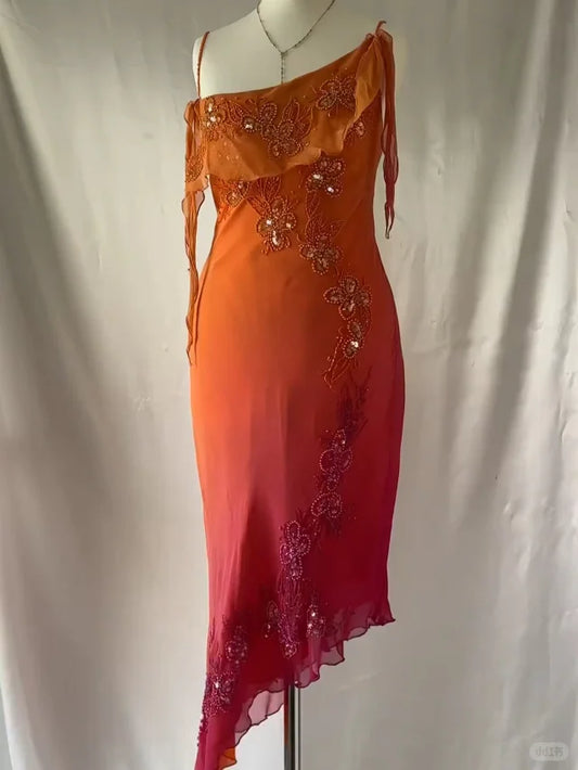 Vintage Orange Beaded Strap Bias-Cut Chiffon Homecoming Dress P3141