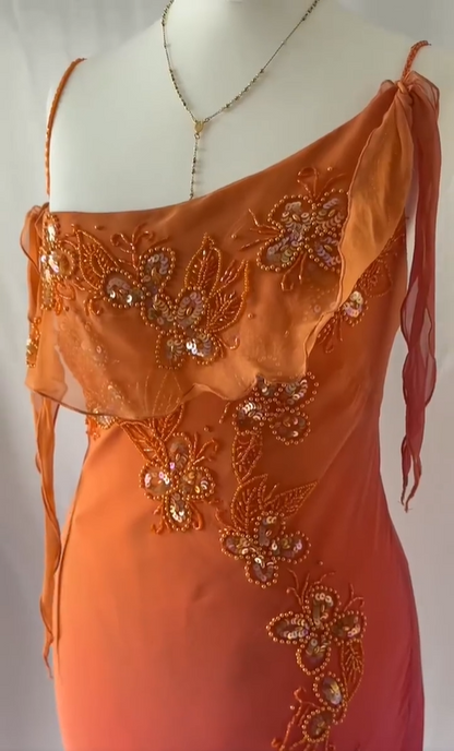 Vintage orangefarbenes, perlenbesetztes Trägerkleid aus Chiffon im Bias-Schnitt für den Abschlussball P3141