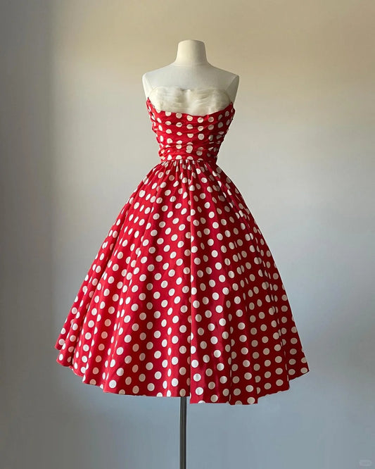 Red polka dot strapless off-shoulder A-line homecoming dress P3142