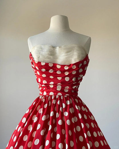 polkadot homecoming dress Retro Light Blue Polka Dot Strapless Bow Detail Homecoming Dress DP833 –  DSProm main image 1