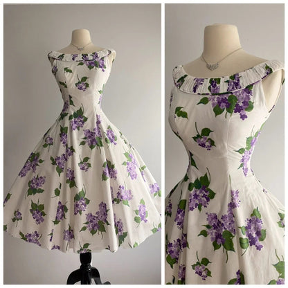 Vintage Rundhals Ärmelloses Blumenmuster A-Linien-Heimkehrkleid P3145