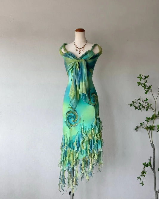 Teal Gradient Beaded Jellyfish Skirt Chiffon Homecoming Dress P3148
