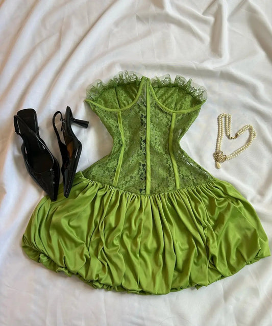 Chic Green Herringbone Lace Tube Top Bud Skirt Mini Homecoming Dress P3149
