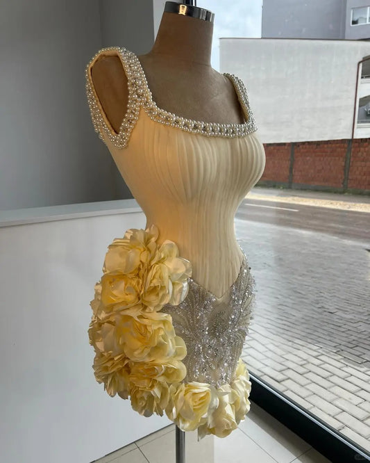 Princess Light Yellow Pearl Straps Beaded 3D Flower Skirt Short Homecoming Dress P3151