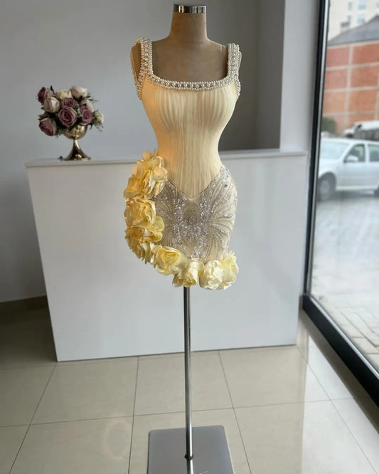 Princess Light Yellow Pearl Straps Beaded 3D Flower Skirt Short Homecoming Dress P3151